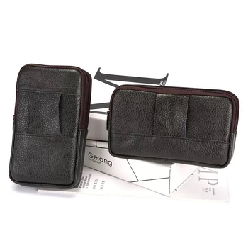 Pravé kožené púzdro na telefón s opaskom – zvislý štvorcový tvar, zips, priehradka na mince, pre mužov, na služobnú cestu