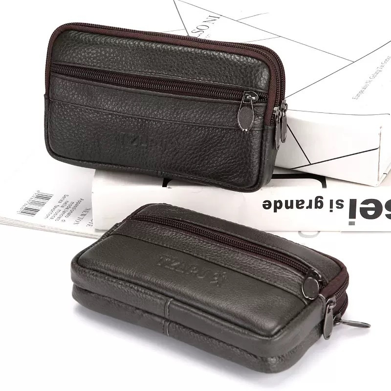 Pravé kožené púzdro na telefón s opaskom – zvislý štvorcový tvar, zips, priehradka na mince, pre mužov, na služobnú cestu