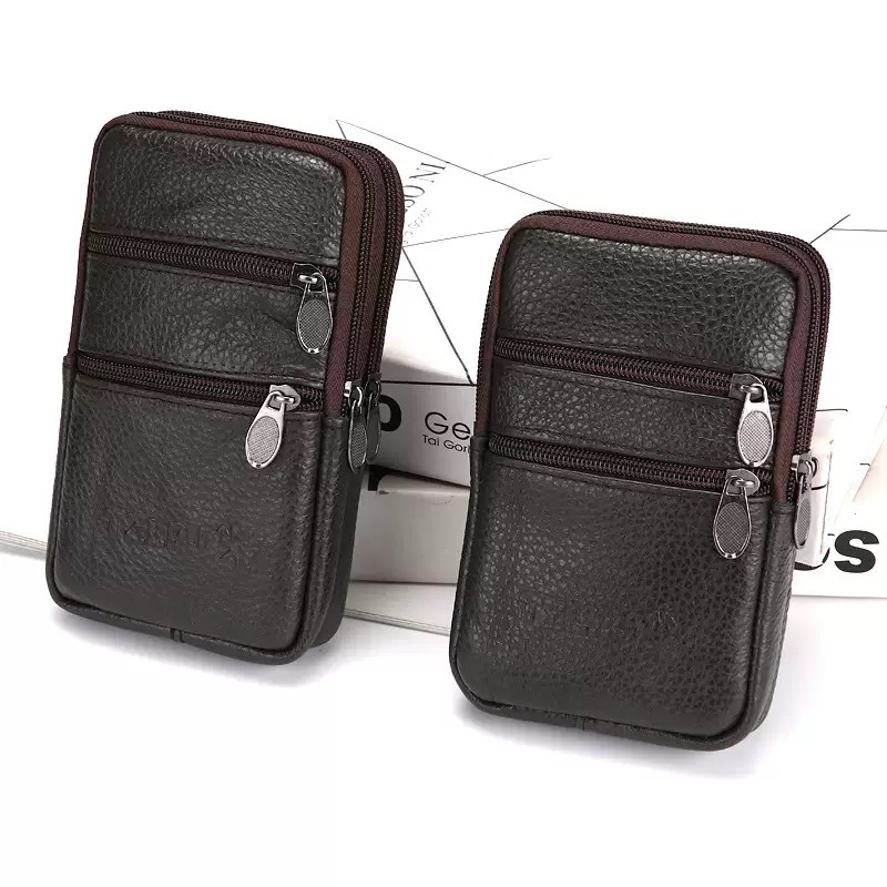 Pravé kožené púzdro na telefón s opaskom – zvislý štvorcový tvar, zips, priehradka na mince, pre mužov, na služobnú cestu