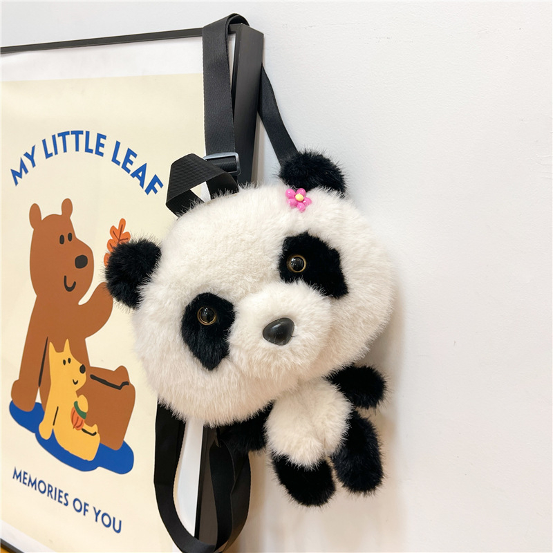 Plyšová panda taška, na rameno, so zips otvor, tvar kresleného zvieraťa