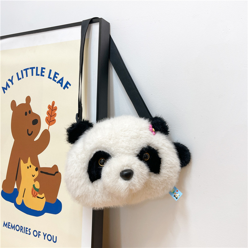Plyšová panda taška, na rameno, so zips otvor, tvar kresleného zvieraťa