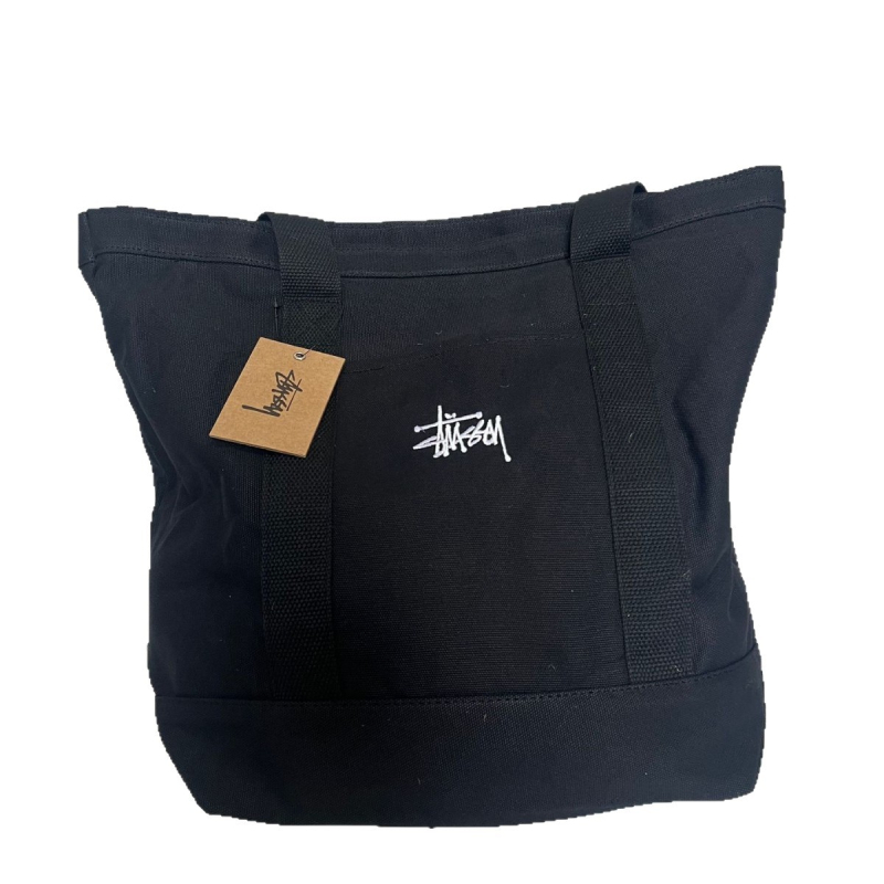 Stussy Canvas Tote Bag – Mestská jednoduchosť, plátený materiál, vodorovný štvorcový tvar, otvorené horné otváranie, vrecko na telefón, dvojité rúčky