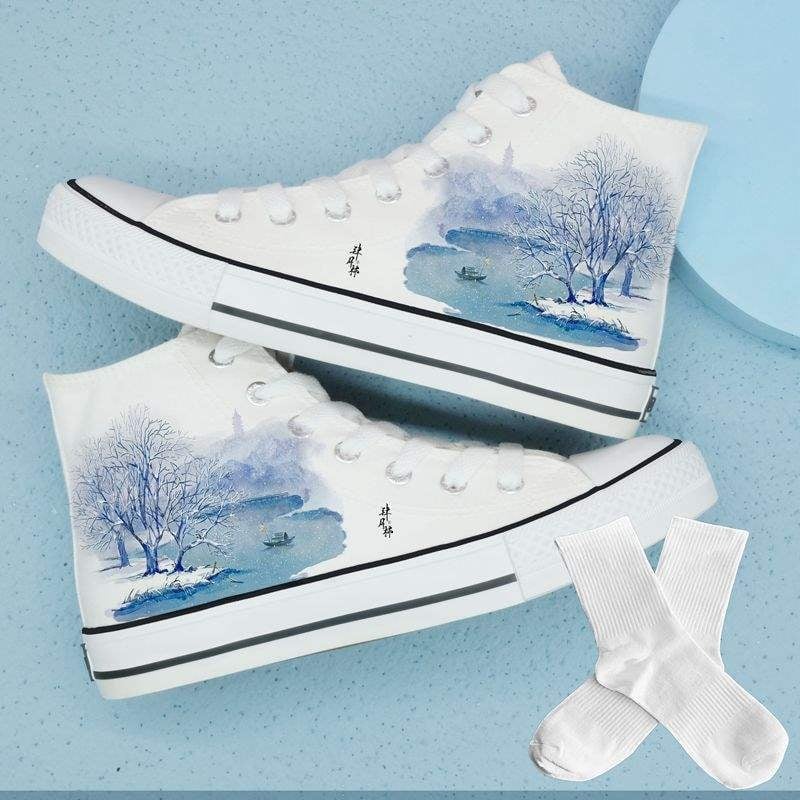 Vīriešu auduma augstās sporta kurpes — augsts purngals, šņorēšana, karikatūru raksts