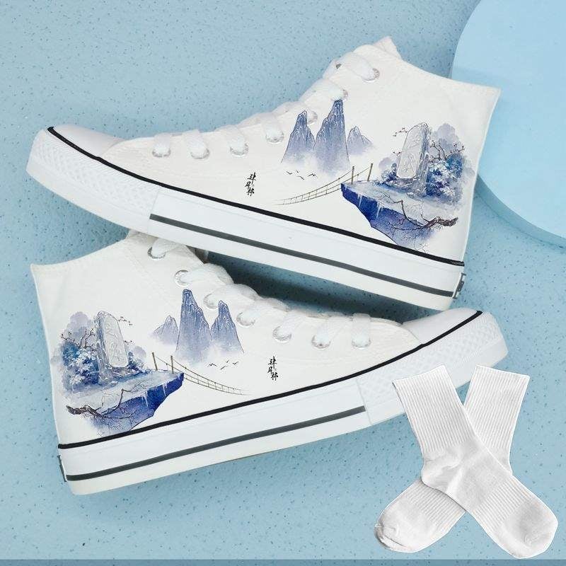 Vīriešu auduma augstās sporta kurpes — augsts purngals, šņorēšana, karikatūru raksts