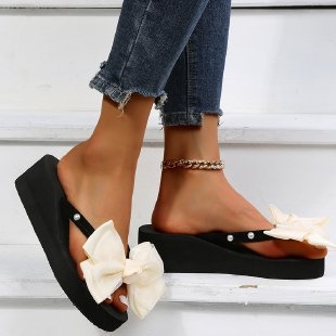 Дамски сандали с клин, PU горна част с модел херингбон, кожена подплата, гумена подметка, 3-5 cm клин, без закопчаване, плажни чехли