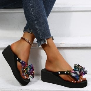 Дамски сандали с клин, PU горна част с модел херингбон, кожена подплата, гумена подметка, 3-5 cm клин, без закопчаване, плажни чехли