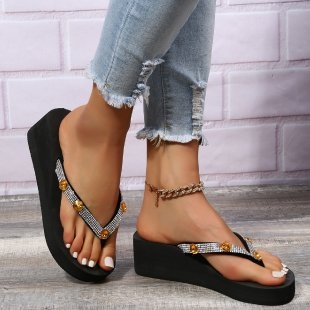 Дамски сандали с клин, PU горна част с модел херингбон, кожена подплата, гумена подметка, 3-5 cm клин, без закопчаване, плажни чехли