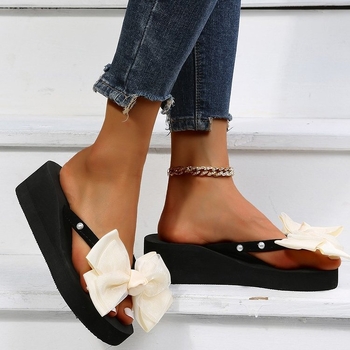 Дамски сандали с клин, PU горна част с модел херингбон, кожена подплата, гумена подметка, 3-5 cm клин, без закопчаване, плажни чехли