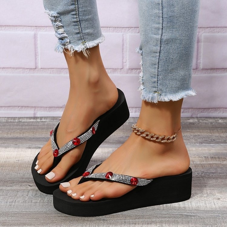 Дамски сандали с клин, PU горна част с модел херингбон, кожена подплата, гумена подметка, 3-5 cm клин, без закопчаване, плажни чехли