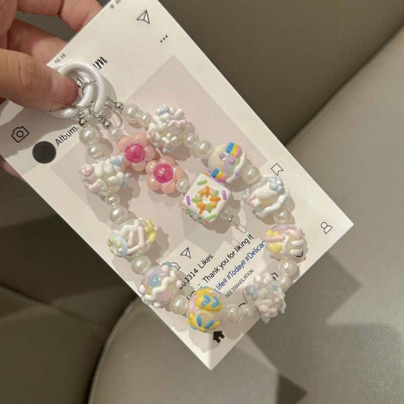 Mobiltelefon medál gyöngyös lánc, karikatúra stílusú, DIY kulcstartó (Forma: koreai verzió; Funkció: sugárzás elleni védelem; Anyag: lásd részletek; Feldolgozás: nincs személyre szabás)