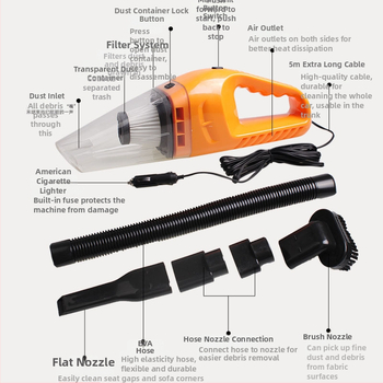 Прахосмукачка за автомобил Town Head, мокро и сухо почистване, 120W, 12V, всмукване 1800 Па, кабел 3 м