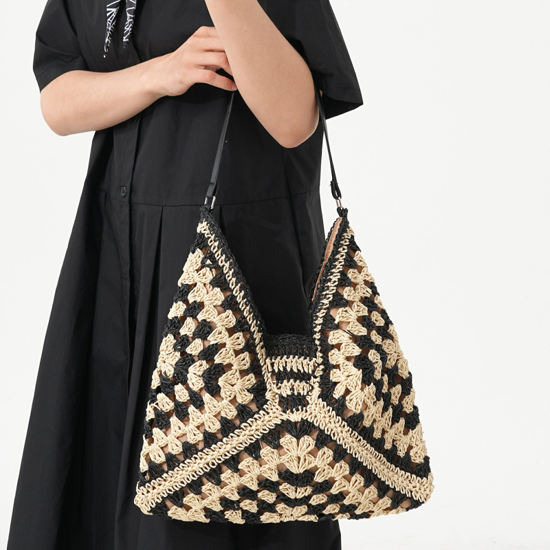 Ručna pletena torba od papirnoga užeta i slame, otvoreni dizajn, velika kapaciteta, torba preko ramena za plažu