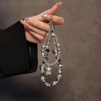 Mobiltelefon-lanyard mesterséges kristályból, kézzel készített, PVC zsinór, fém csat, nőies stílus