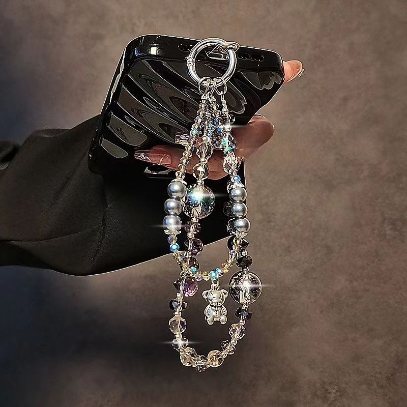 Mobiltelefon-lanyard mesterséges kristályból, kézzel készített, PVC zsinór, fém csat, nőies stílus
