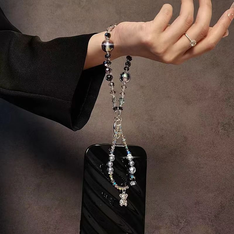 Mobiltelefon-lanyard mesterséges kristályból, kézzel készített, PVC zsinór, fém csat, nőies stílus