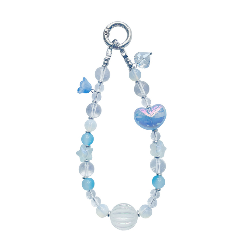 Telefonnyaklán szív, csillag és kagyló motívumokkal – kézzel készített, üveg elemek, nylon zsinór, fém csat