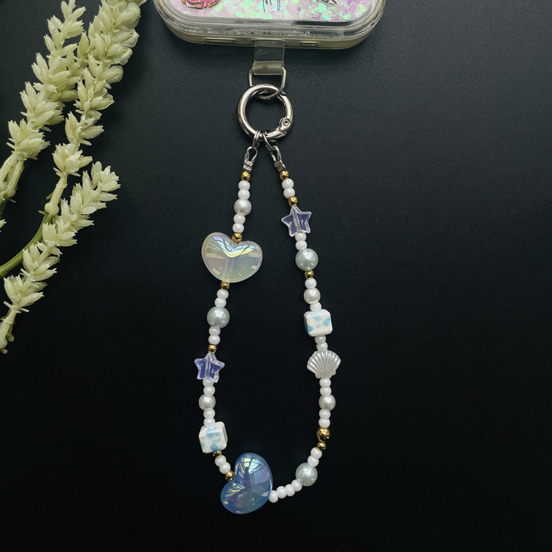 Telefonnyaklán szív, csillag és kagyló motívumokkal – kézzel készített, üveg elemek, nylon zsinór, fém csat