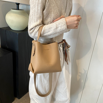 Lychee-pattern Bucket Bag, PU материал, вертикална квадратна форма, магнитно закопчаване, скрит джоб с цип