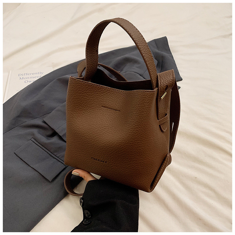 Lychee-pattern Bucket Bag, PU материал, вертикална квадратна форма, магнитно закопчаване, скрит джоб с цип