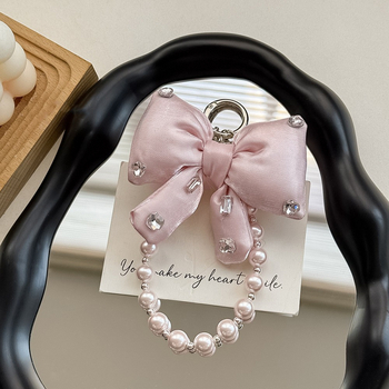 Mobiltelefon zsinór gyöngyökkel és masnival, kézzel készített, PVC zsinór, fém csat