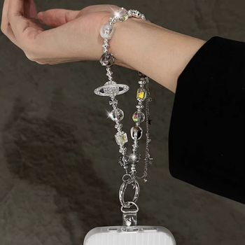 Telefonszalag kristálygyöngyökkel, ötvözetből készült lánc, PVC zsinór, fém csat, medál nélkül