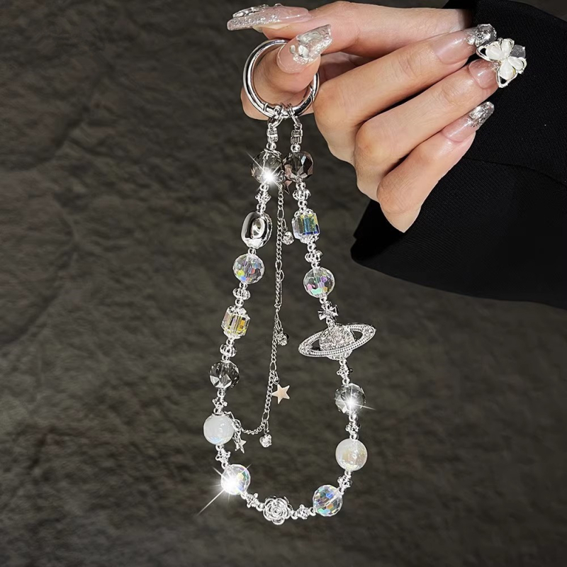 Telefonszalag kristálygyöngyökkel, ötvözetből készült lánc, PVC zsinór, fém csat, medál nélkül