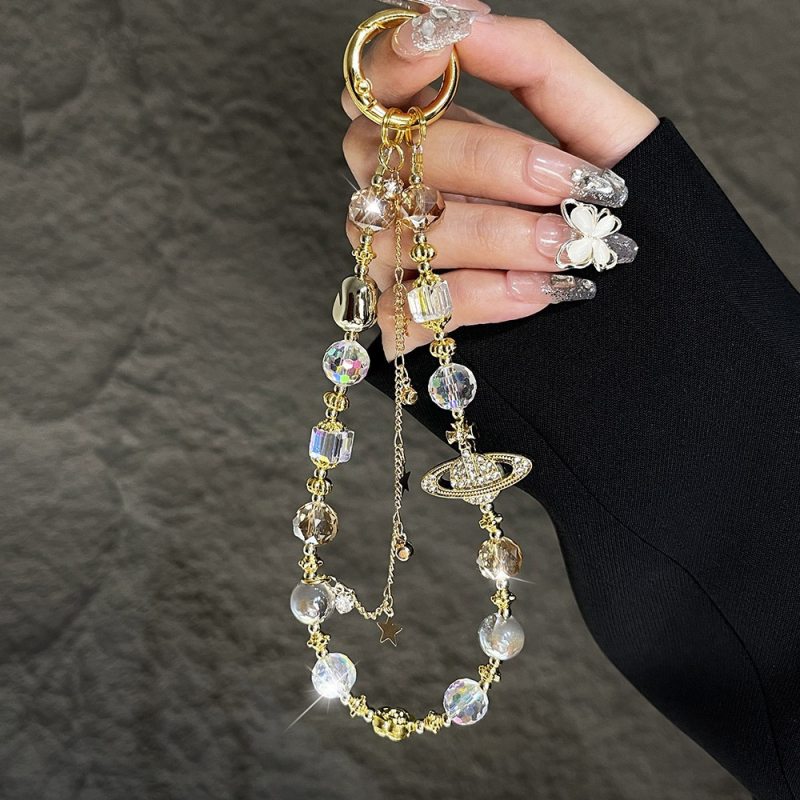 Telefonszalag kristálygyöngyökkel, ötvözetből készült lánc, PVC zsinór, fém csat, medál nélkül