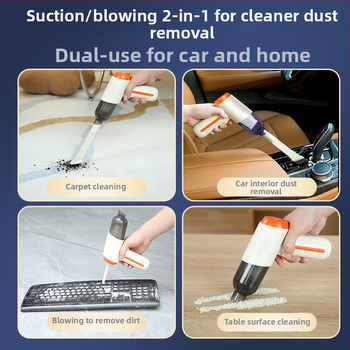 Juhtmevaba auto tolmupuhastaja sisseehitatud akuga 1601–2000 mAh, USB toide, tööiga 1–3 tundi, imemisjõud kuni 2000 Pa, müra 36–45 dB