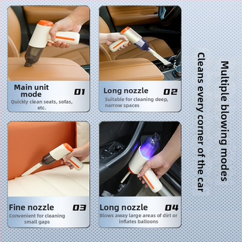 Juhtmevaba auto tolmupuhastaja sisseehitatud akuga 1601–2000 mAh, USB toide, tööiga 1–3 tundi, imemisjõud kuni 2000 Pa, müra 36–45 dB