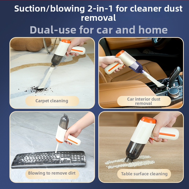 Juhtmevaba auto tolmupuhastaja sisseehitatud akuga 1601–2000 mAh, USB toide, tööiga 1–3 tundi, imemisjõud kuni 2000 Pa, müra 36–45 dB