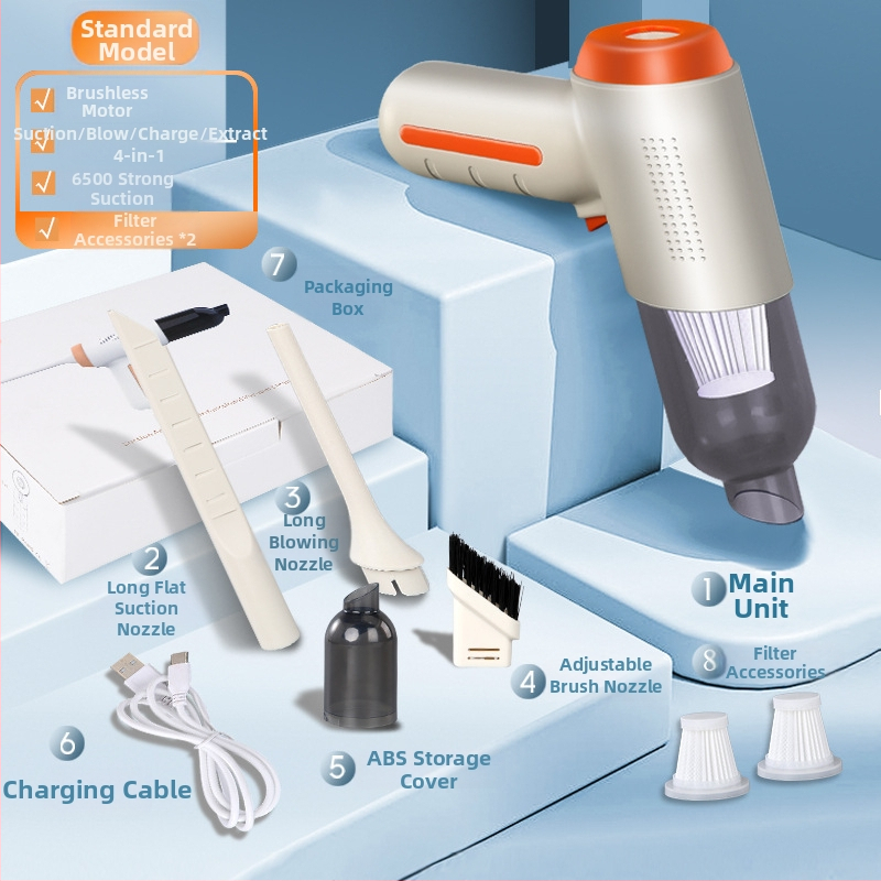 Juhtmevaba auto tolmupuhastaja sisseehitatud akuga 1601–2000 mAh, USB toide, tööiga 1–3 tundi, imemisjõud kuni 2000 Pa, müra 36–45 dB
