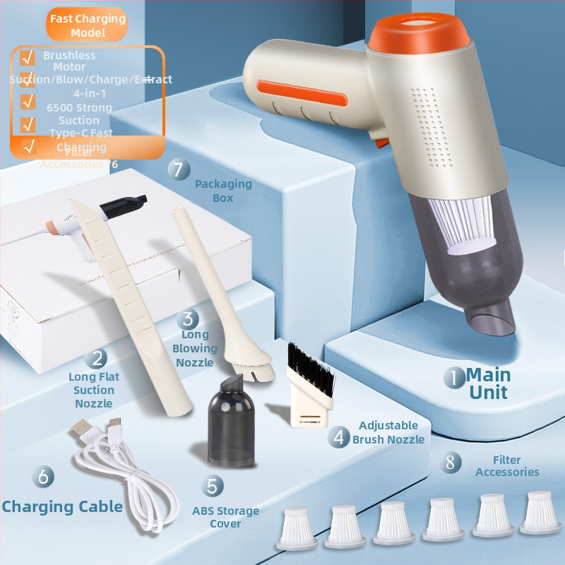 Juhtmevaba auto tolmupuhastaja sisseehitatud akuga 1601–2000 mAh, USB toide, tööiga 1–3 tundi, imemisjõud kuni 2000 Pa, müra 36–45 dB