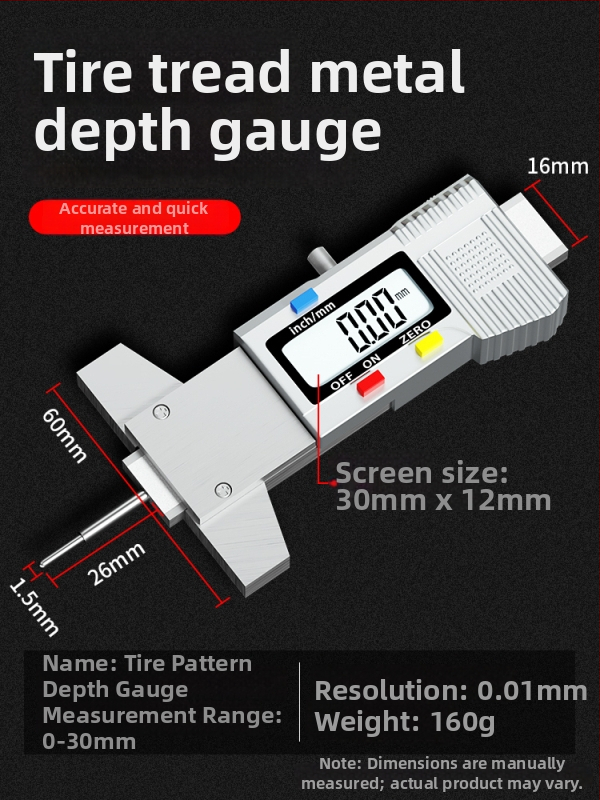 Digitālais riepas protektora dziļuma mērītājs ar elektronisku displeju riepas biezuma uzraudzībai