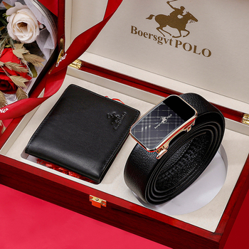 Curea din piele naturală pentru bărbați cu portofel, cataramă automată, piele din primul strat, model carouri, stil business