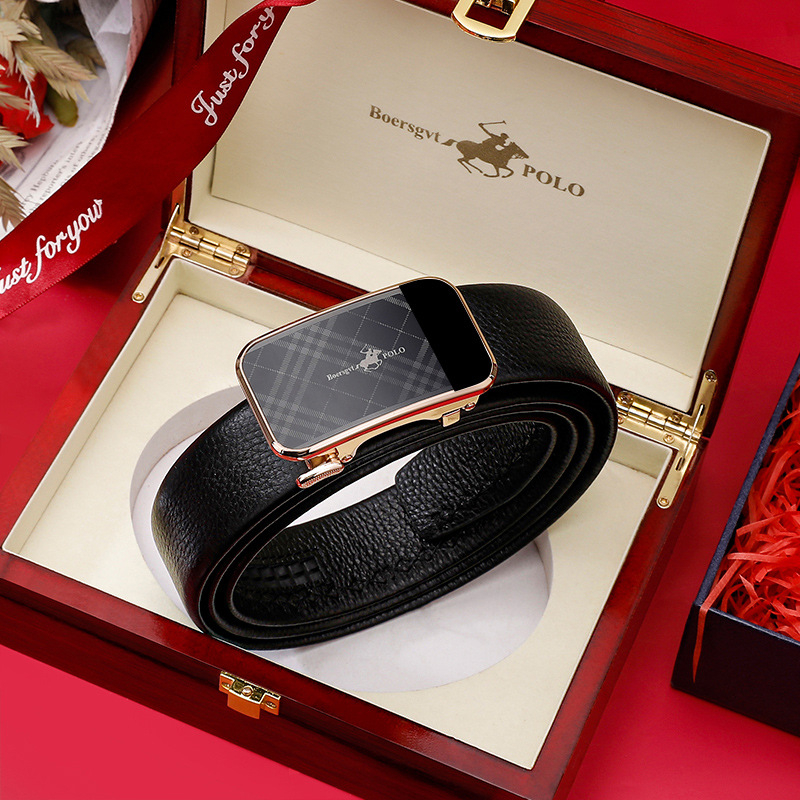 Curea din piele naturală pentru bărbați cu portofel, cataramă automată, piele din primul strat, model carouri, stil business