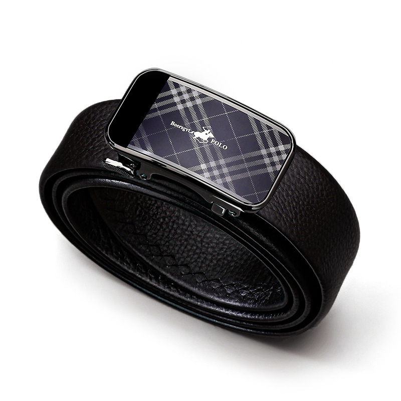 Curea din piele naturală pentru bărbați cu portofel, cataramă automată, piele din primul strat, model carouri, stil business