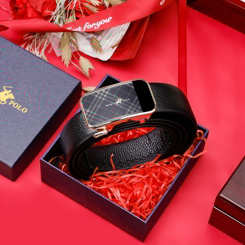 Curea din piele naturală pentru bărbați cu portofel, cataramă automată, piele din primul strat, model carouri, stil business