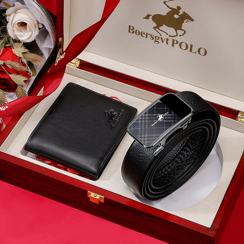 Curea din piele naturală pentru bărbați cu portofel, cataramă automată, piele din primul strat, model carouri, stil business