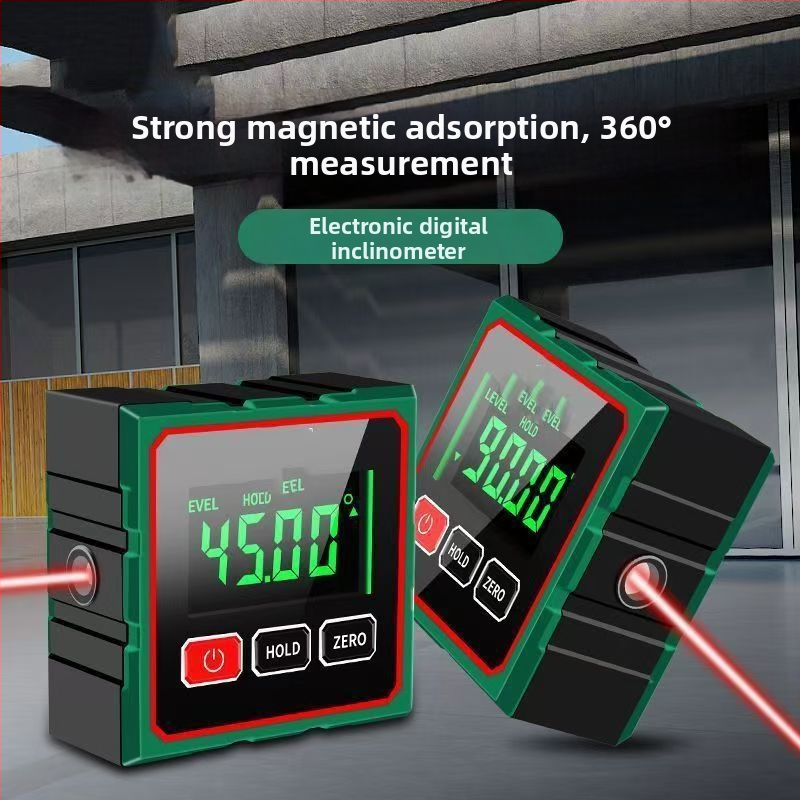 Digitálny inklinometer s meraním 360°, pevná magnetická základňa, vysoká presnosť displeja, laserový merač vzdialenosti