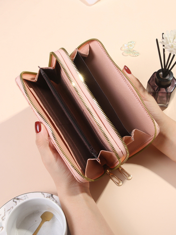 Portofel-clutch lung din PU, stil urban minimalist, formă orizontală pătrată, închidere cu fermoar, compartiment intern laminat