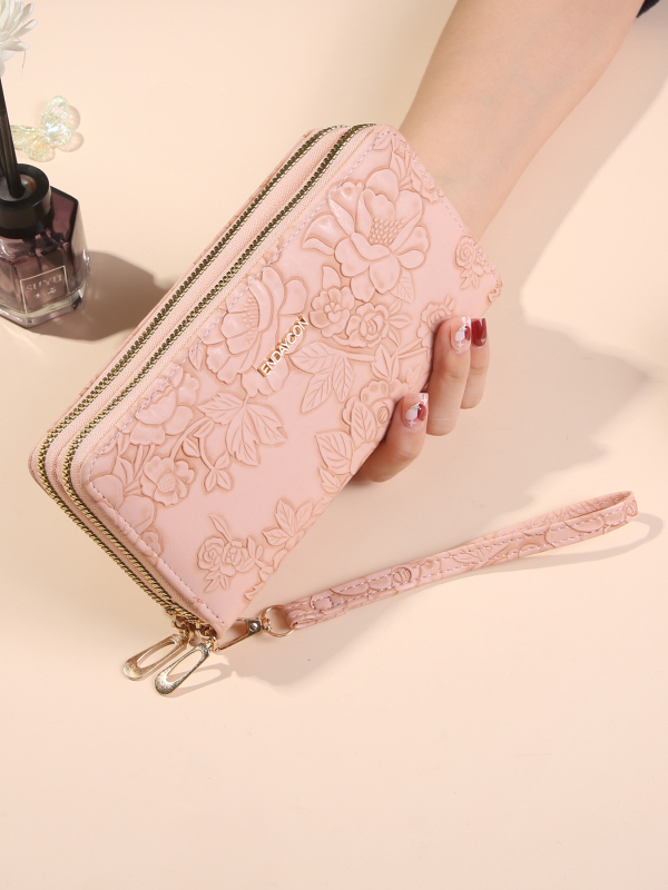 Portofel-clutch lung din PU, stil urban minimalist, formă orizontală pătrată, închidere cu fermoar, compartiment intern laminat