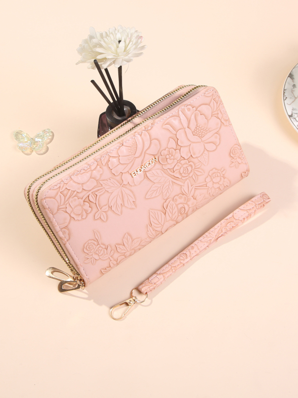 Portofel-clutch lung din PU, stil urban minimalist, formă orizontală pătrată, închidere cu fermoar, compartiment intern laminat