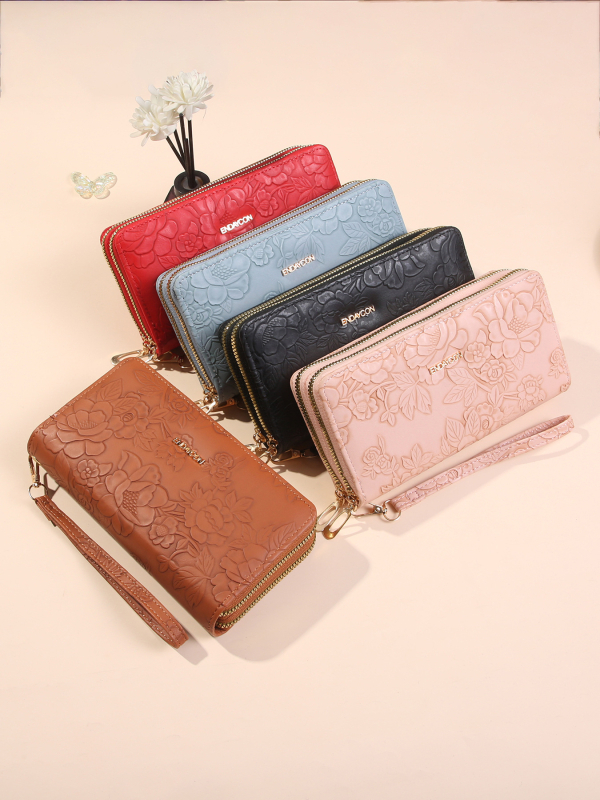 Portofel-clutch lung din PU, stil urban minimalist, formă orizontală pătrată, închidere cu fermoar, compartiment intern laminat