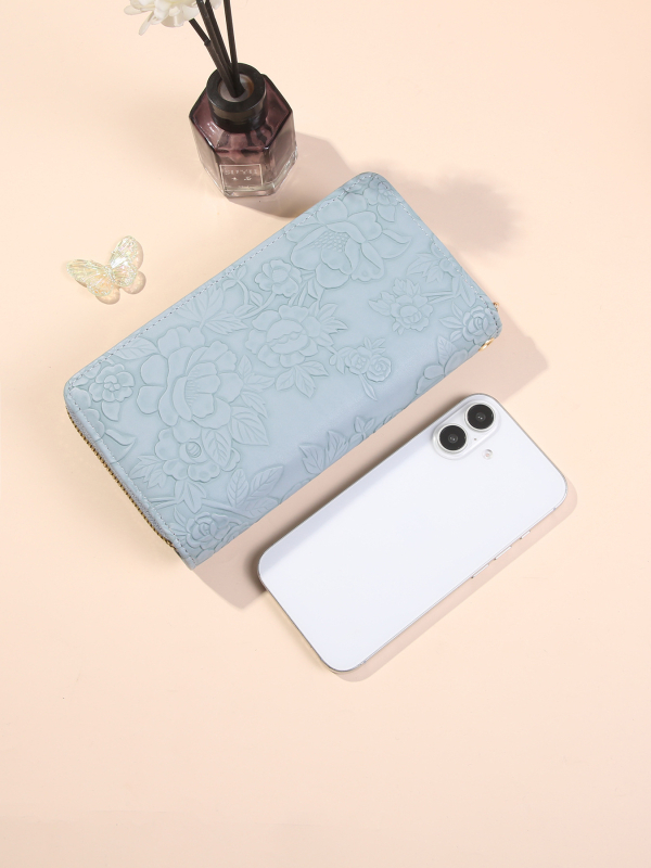 Portofel-clutch lung din PU, stil urban minimalist, formă orizontală pătrată, închidere cu fermoar, compartiment intern laminat