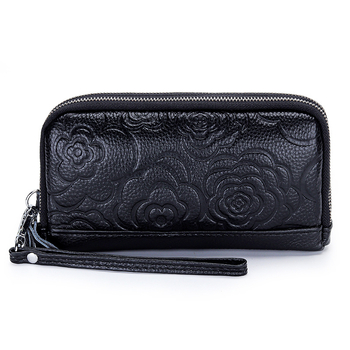Geantă clutch din piele naturală pentru femei, capacitate mare, fermoar dublu, camelia embossată, buzunar pentru telefon, căptușeală poliester