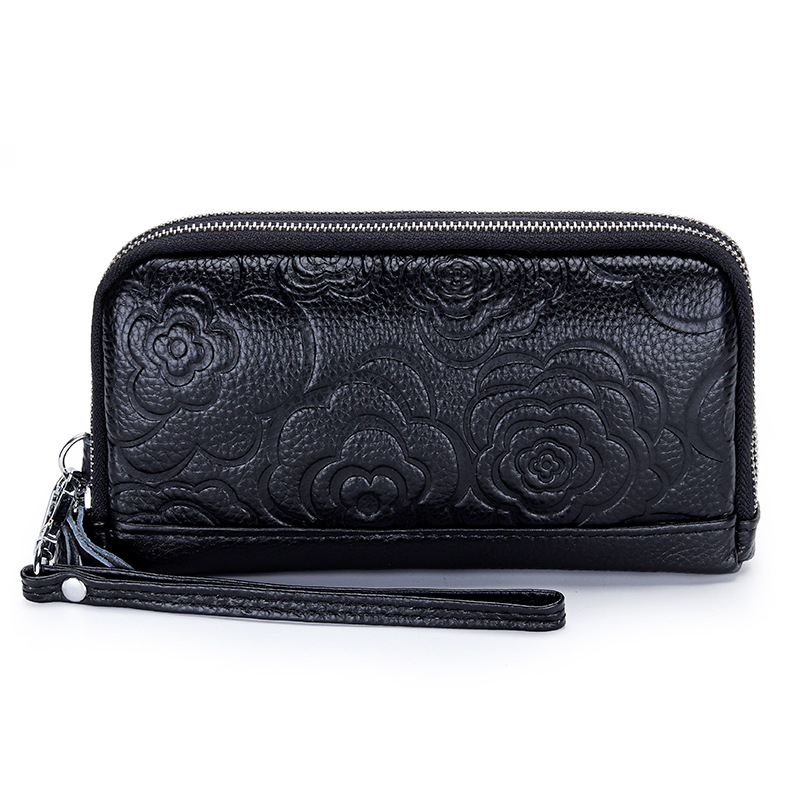 Geantă clutch din piele naturală pentru femei, capacitate mare, fermoar dublu, camelia embossată, buzunar pentru telefon, căptușeală poliester