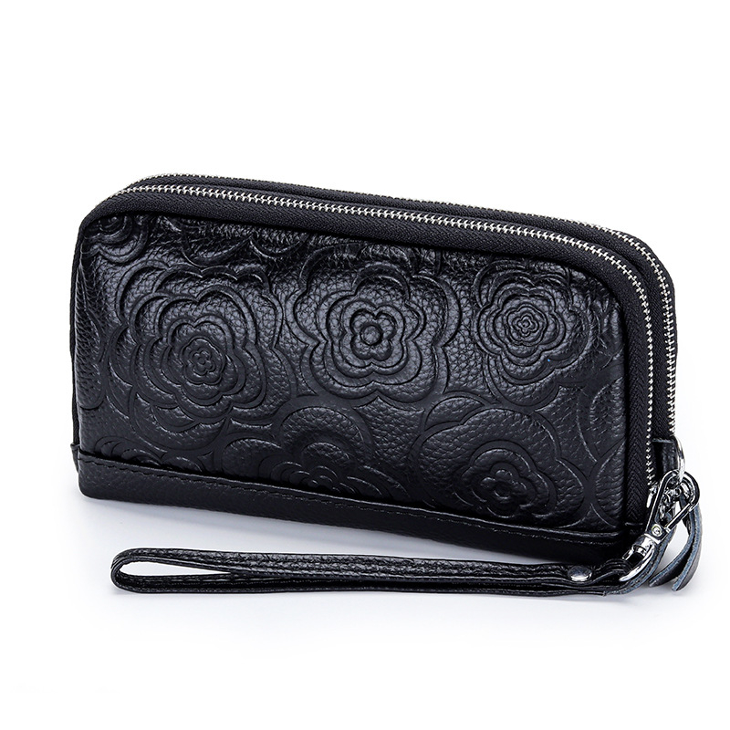 Geantă clutch din piele naturală pentru femei, capacitate mare, fermoar dublu, camelia embossată, buzunar pentru telefon, căptușeală poliester