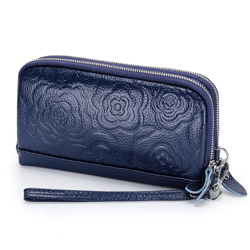 Geantă clutch din piele naturală pentru femei, capacitate mare, fermoar dublu, camelia embossată, buzunar pentru telefon, căptușeală poliester