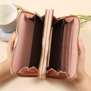 Portofel de damă din PU, clutch lung cu închidere magnetică, buzunar orizontal dreptunghiular pentru telefon, fermoar dublu, capacitate mare pentru carduri
