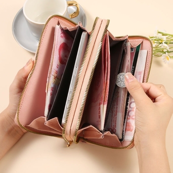 Portofel de damă din PU, clutch lung cu închidere magnetică, buzunar orizontal dreptunghiular pentru telefon, fermoar dublu, capacitate mare pentru carduri